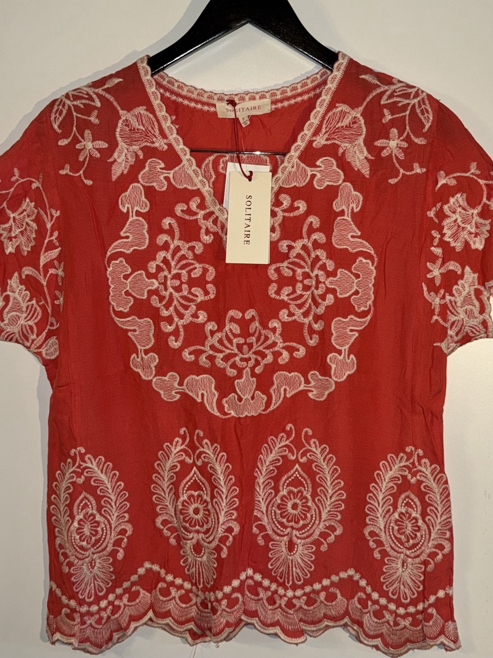 Solitaire Dark Coral and White Embroidered Boho Blouse